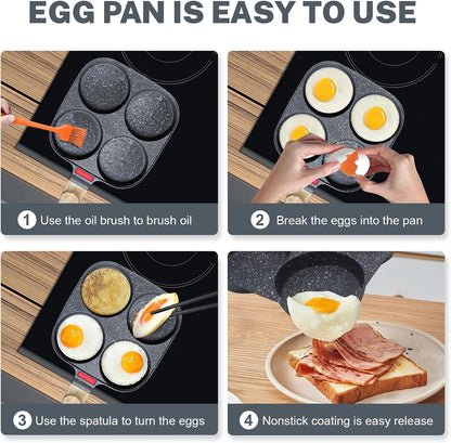 Ywmoml 4‑Cup Nonstick Egg Pan Set with Lid, Includes Silicone Scraper, Oil Brush, Chopsticks & Cleaning Cloth – Compatible with Gas & Induction Cooktops