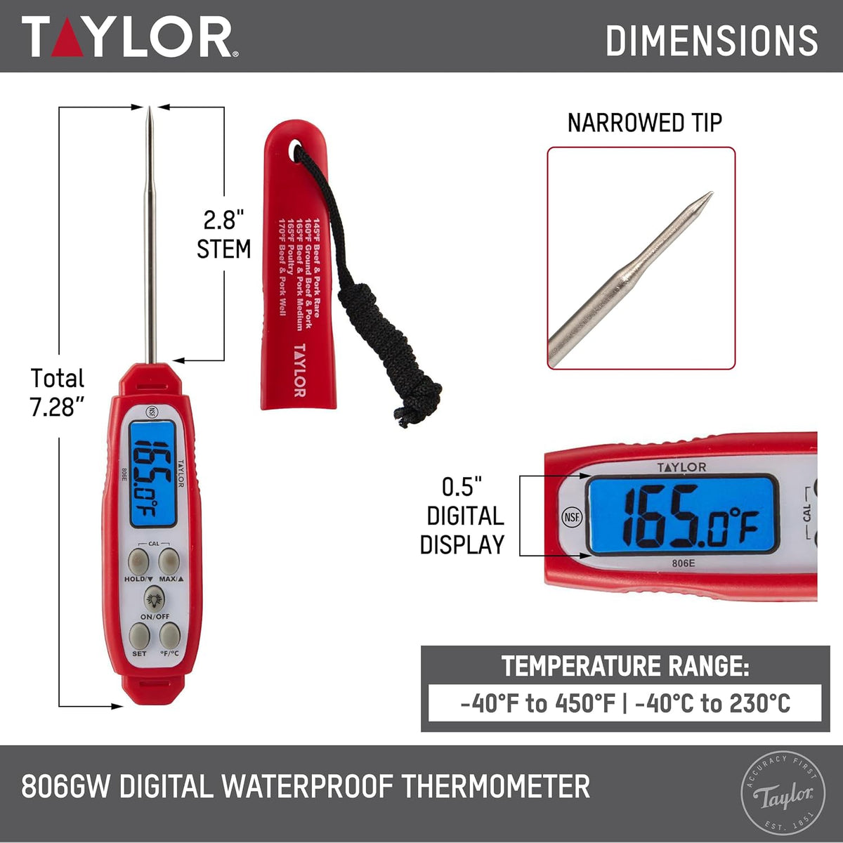 Taylor Digital Instant Read Waterproof Meat Thermometer with Backlight
