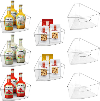 URALFA Lazy Susan Organizer, 1/8 Wedge Corner Cabinet Bins, Set of 4 | 10"x9.5"x4" Clear Plastic Bins with Handle, BPA-Free Food Safe, Fits 26"/28"/32" Lazy Susan, 4" Deep Storage