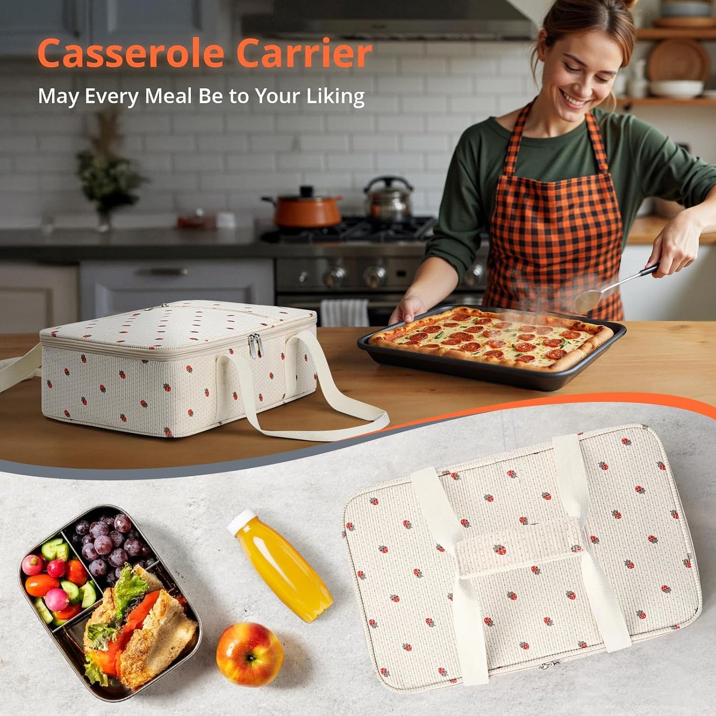 Insulated Casserole Carrier for Hot or Cold Food,Pie Carrier Bag Lunch Tote for Potluck Parties/Picnic/Cookouts, Fits 9"x13" Baking Dish,Grey