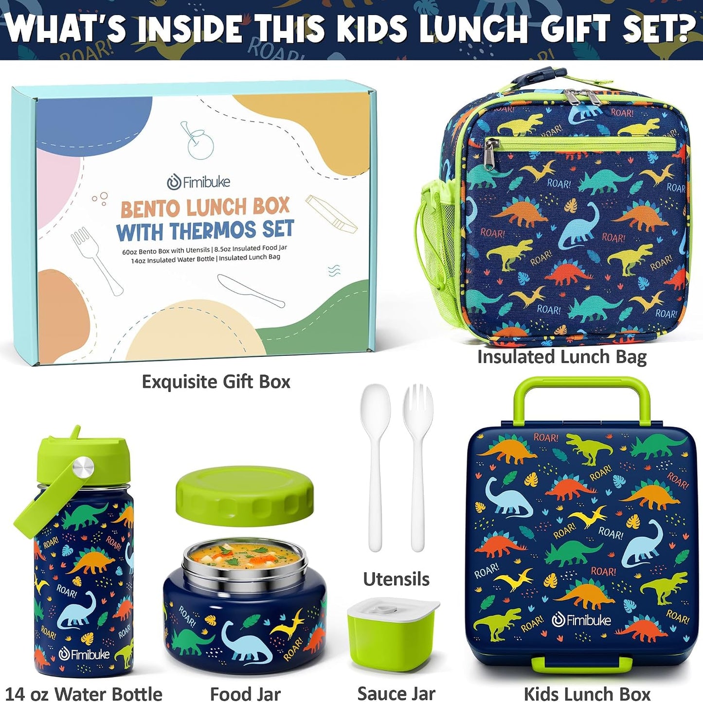 Fimibuke Kids Bento Lunch Box with Thermo, Leakproof Toddler Bento Box with 8.5 OZ Insulated Food Jar, Lunch Bag, Kids Water Bottle, 3 or 4 Compartment Container for Back to School Toddler Girls Boys