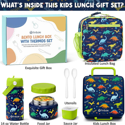 Fimibuke Kids Bento Lunch Box with Thermo, Leakproof Toddler Bento Box with 8.5 OZ Insulated Food Jar, Lunch Bag, Kids Water Bottle, 3 or 4 Compartment Container for Back to School Toddler Girls Boys