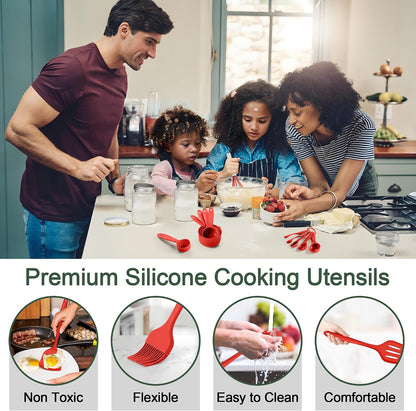 E-far Silicone Cooking Spoon Set of 2, Heat Resistant Kitchen Spoons Utensils Nonstick Mixing Spoon for Baking Stirring Serving, Non-Toxic & Dishwasher Safe (Black)