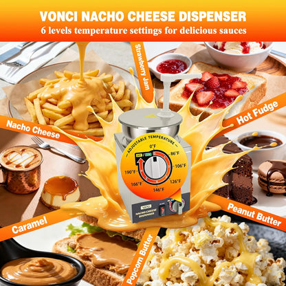 VONCI Nacho Cheese Dispenser, 2.8 Qt（2.5L） Nacho Cheese Warmer with Plastic Pump, Hot Fudge Dispenser with 6-Level Temperature Adjustment, Commercial Cheese Dispenser for Hot Fudge Cheese Caramel