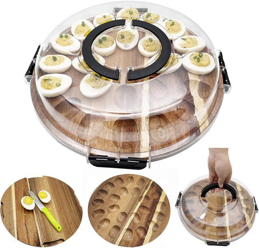 Deviled Egg Containers with Lid and Handle Portable Travel Acacia Wood Deviled Egg Platter 24 Holes Tray Holder Double-sided Use