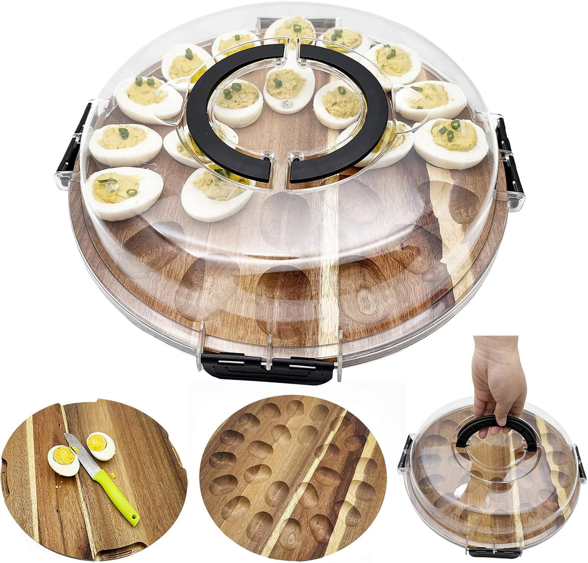 Deviled Egg Containers with Lid and Handle Portable Travel Acacia Wood Deviled Egg Platter 24 Holes Tray Holder Double-sided Use