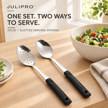 2-Piece Serving Spoons, 11-Inch, Solid & Slotted, Platinum Silicone