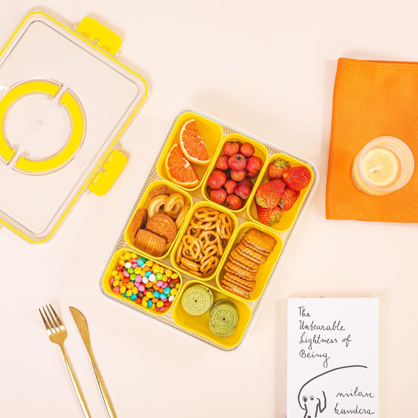 Patent Divided Serving Tray with Lid & Handle - Snackle Box Organizer for Charcuterie, Sandwiches, Veggies, Fruits, Candy - Portable Food Storage for Travel, Beach, Picnics（1 pcs, Orange）