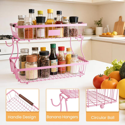2-Tier Stackable Wire Basket with 2 Banana Hooks, Pantry Organizer for Kitchen Countertops, Cabinets & Under-Sink Spaces; Ideal for Storing Snacks, Fruits, Veggies, Onions, Potatoes, & More,Black