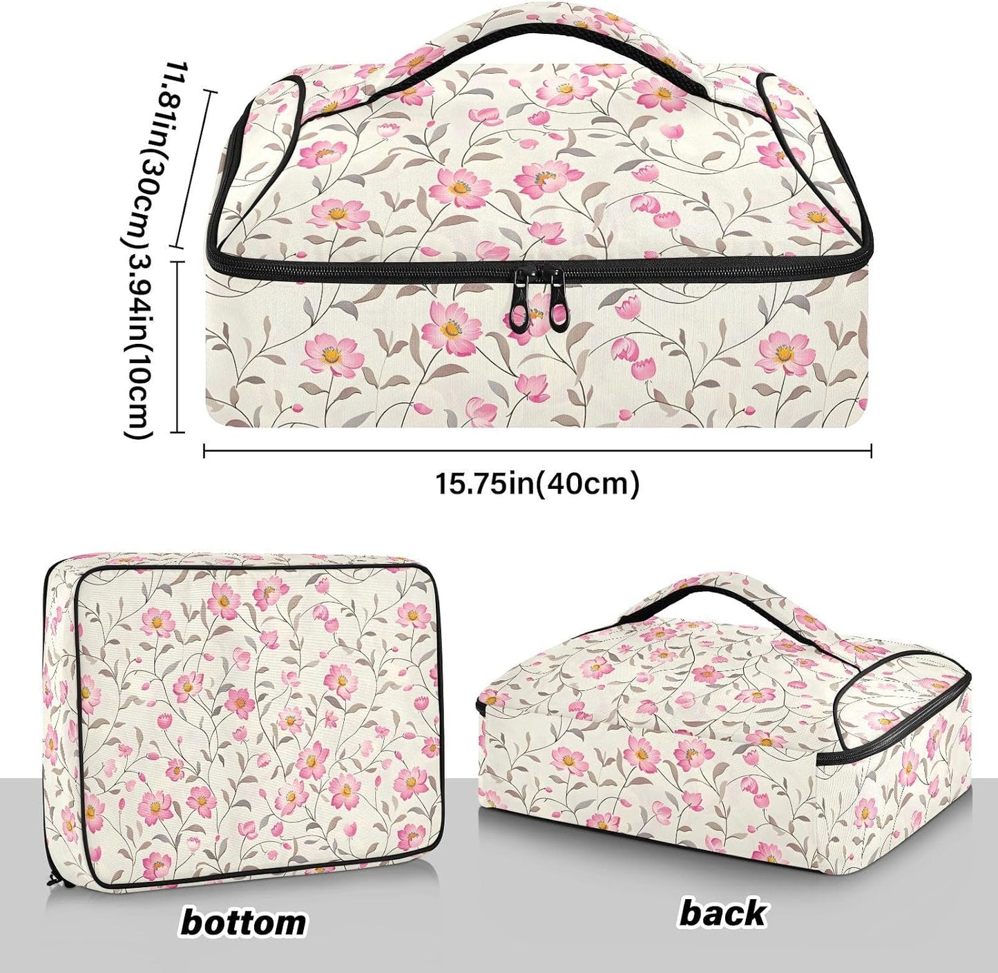 Casserole Carrier Insulated Floral Pink Flower Dish 9x13 with Lid Party Travel Warmer Bag for Hot or Cold Food Lasagna Pizza Holder Tote