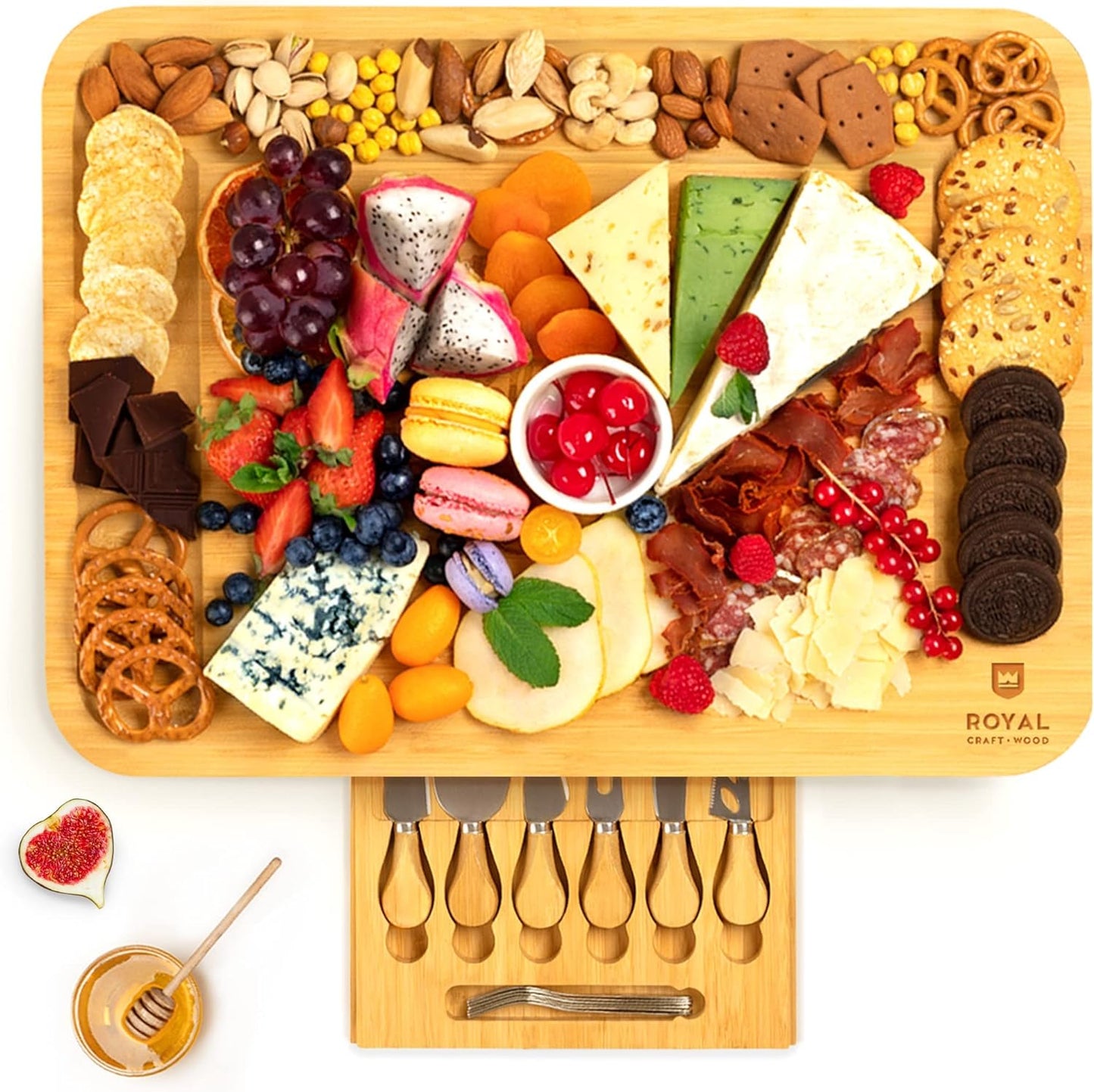 ROYAL CRAFT WOOD Premium Bamboo Charcuterie Board Set - Cheese Platter & Serving Tray & Serving Utensils - Perfect Housewarming Gift, Wedding, Bridal Shower Gift - Ideal for Entertaining and New Home