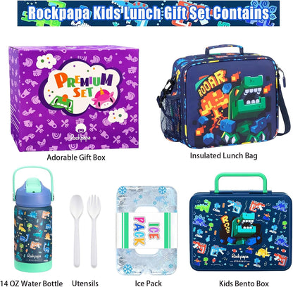 rockpapa Chill Kids Lunch Box Set with Leakproof 5.5 Cups Bento Box, Reusable Ice Pack, 14oz Insulated Water Bottle & Lunch Bag, BPA-Free Microwave Safe for School Boys Girls (Black Games)