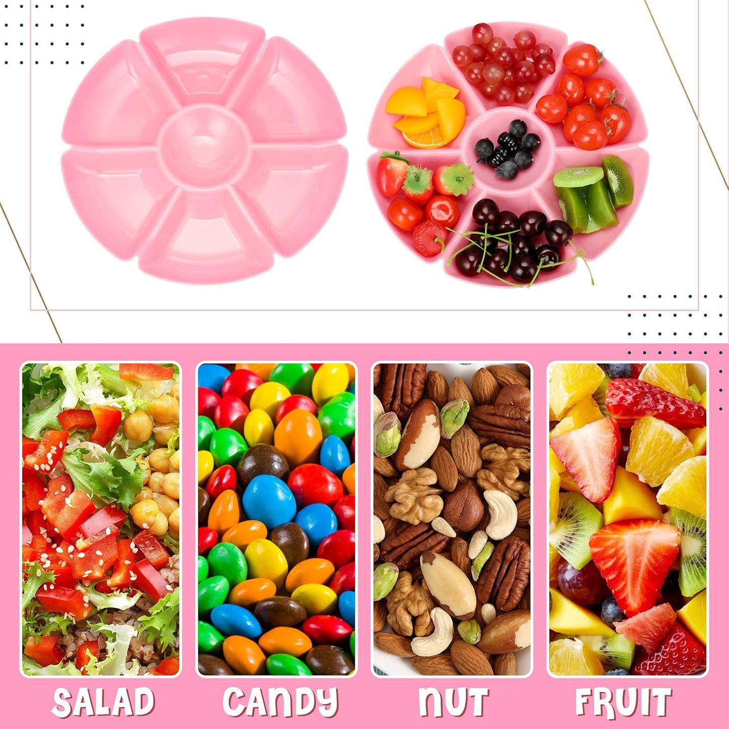 Zhehao 6 Pcs Plastic Divided Serving Trays with 60 Pcs Disposable Fork, 7 Compartments Round Chip Dip Plate, Petal Shape Platter, 10.6'' Snacks Serving Dish for Party Candy Nuts Fruits (Vibrant Color)