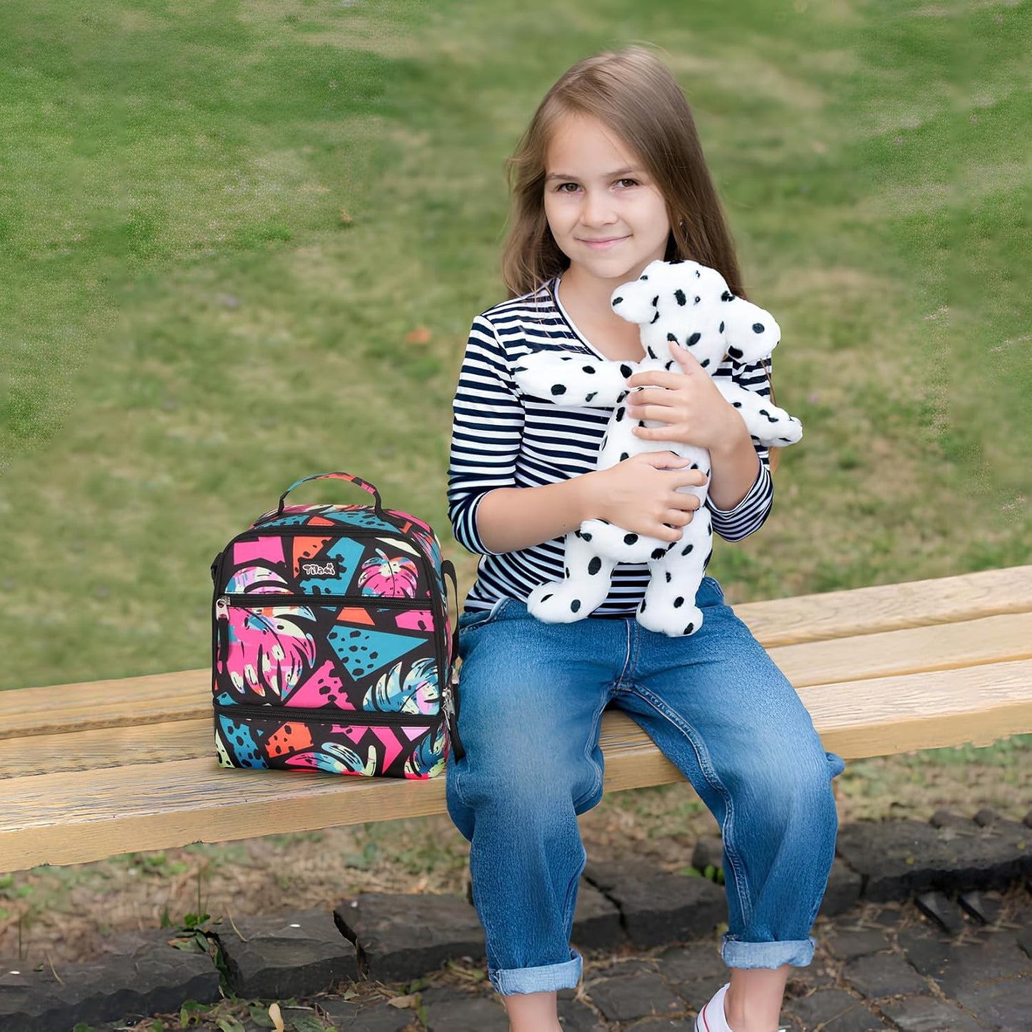 Tilami Lunch Bags Insulated Adjustable Strap Zipper, Two Compartments Cooler Bags, Bento Bags for Kids Toddlers (Blue)