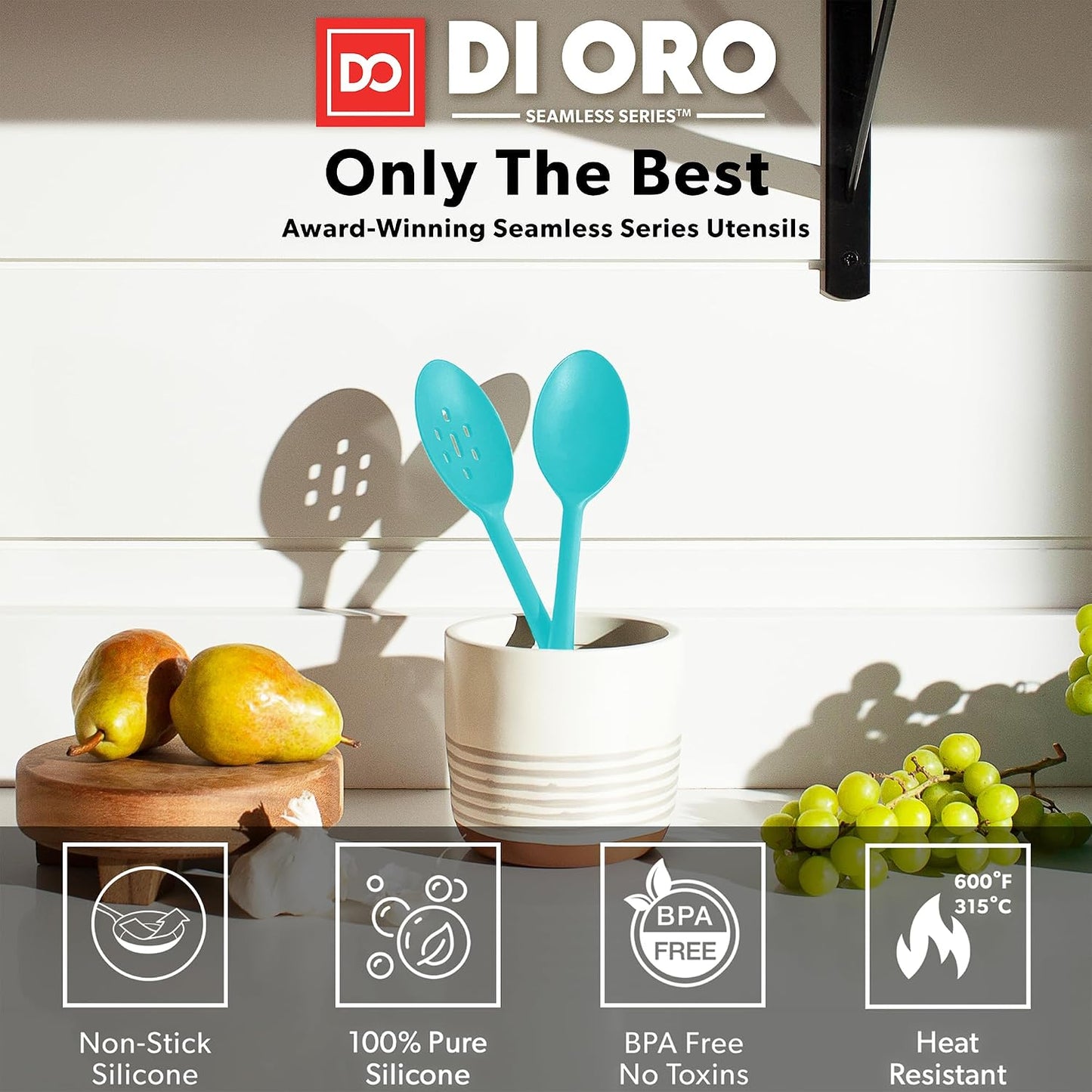 DI ORO Silicone Spoons for Cooking - Large Kitchen Spoons for Mixing, Serving, & Stirring - 600°F Heat-Resistant Non Stick Utensils – Big Solid & Slotted - Dishwasher Safe (2pc, Black)