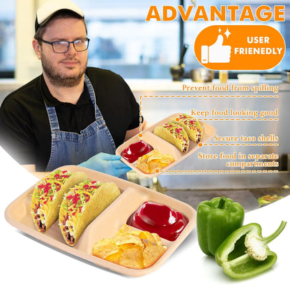 tchrules 50pcs Taco Plates Disposable for 2 Tacos & 2 Sides, Premium Paper Taco Holders for Tacos Tuesday Bar Serving Set, Decorations Supplies (50)
