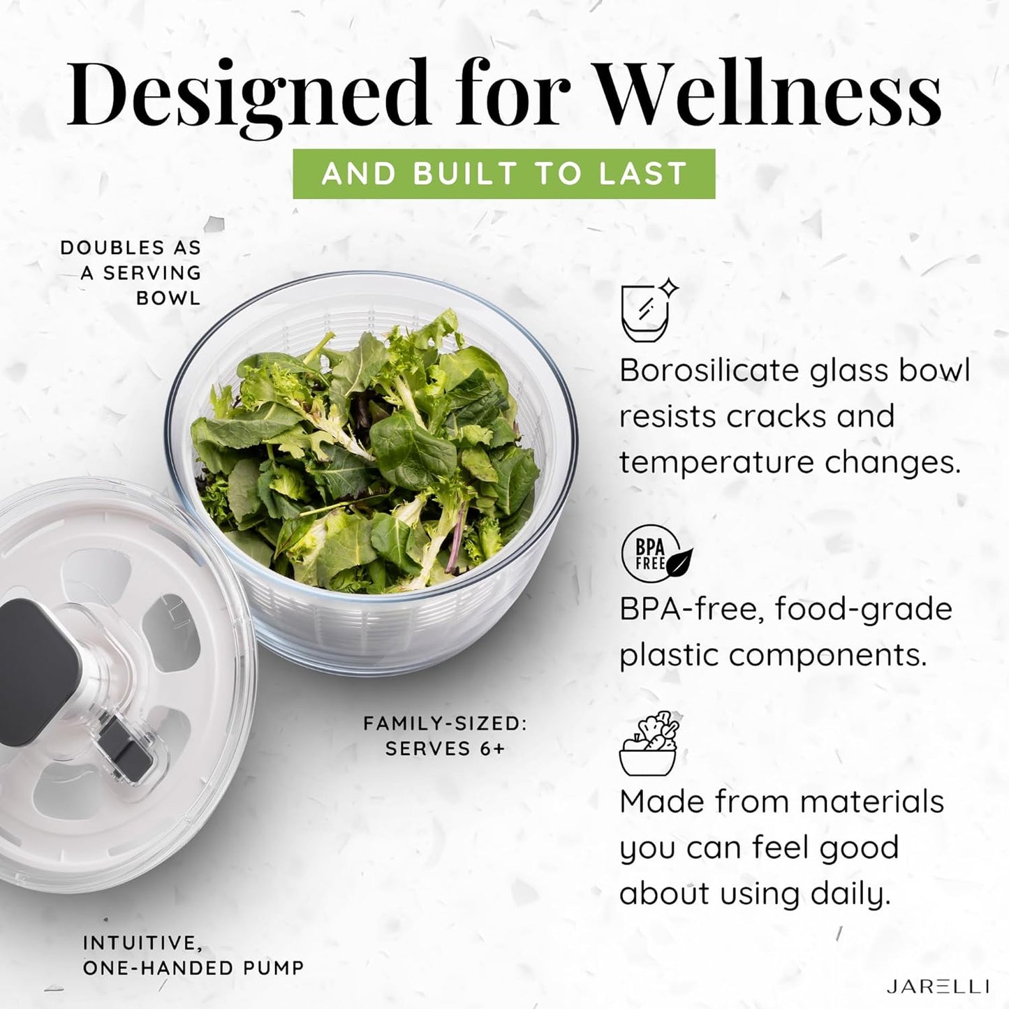 Glass Salad Spinner with Storage Lid, 6 Quart Borosilicate Bowl, Push Button Drying Lid, BPA-Free Draining Basket Doubles as Serving Bowl & Colander, Lettuce, Vegetable, & Fruit Washer
