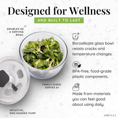 Glass Salad Spinner with Storage Lid, 6 Quart Borosilicate Bowl, Push Button Drying Lid, BPA-Free Draining Basket Doubles as Serving Bowl & Colander, Lettuce, Vegetable, & Fruit Washer