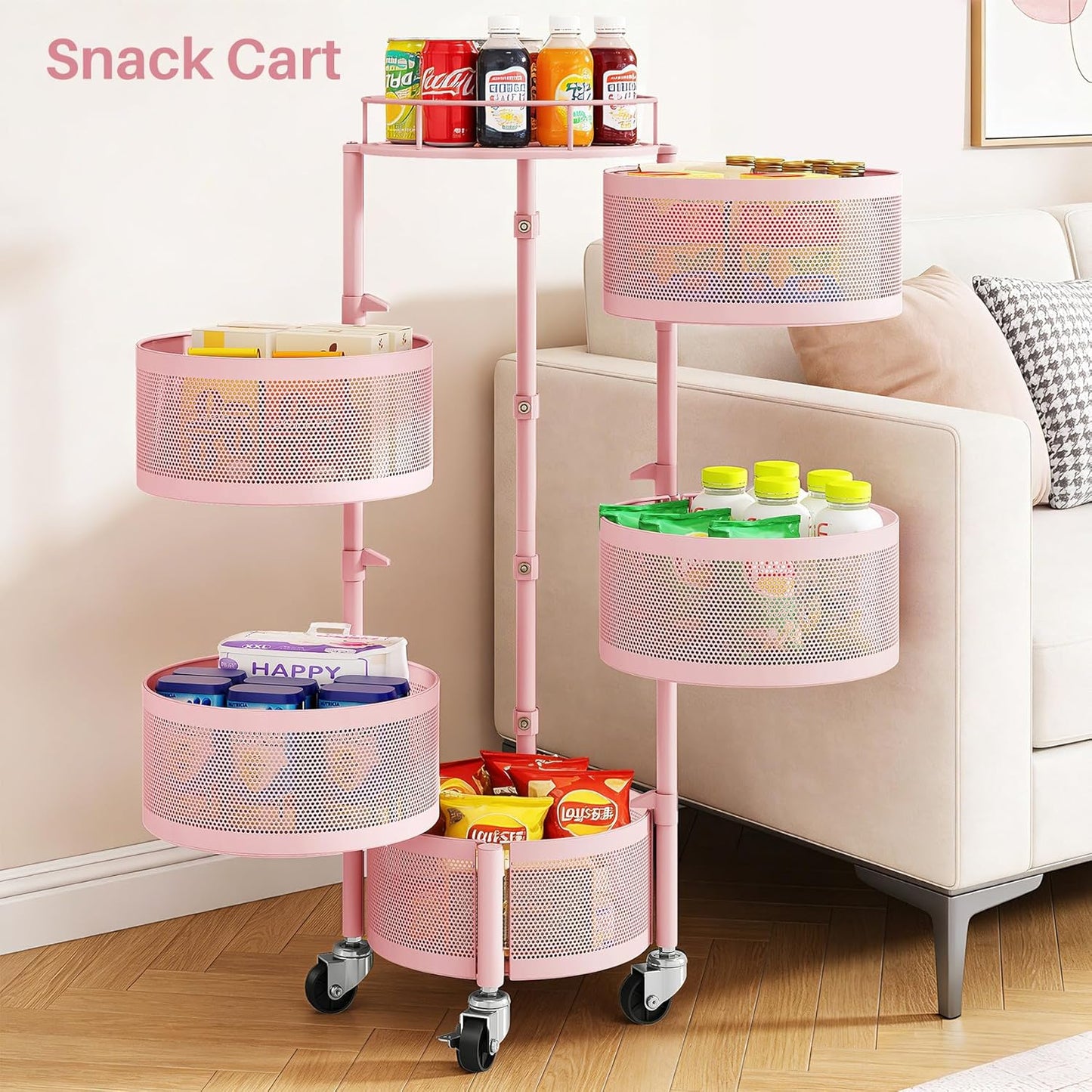 SNTD Fruit and Vegetable Basket Bowls for Kitchen with Metal Top Lid, 5 Tier Rotating Storage Rack Cart for Potato Onion Bread Banana, Wire Basket Organizer on Wheels, Large, Black