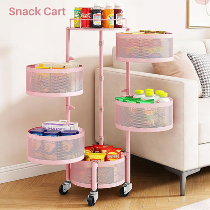 SNTD Fruit and Vegetable Basket Bowls for Kitchen with Metal Top Lid, 5 Tier Rotating Storage Rack Cart for Potato Onion Bread Banana, Wire Basket Organizer on Wheels, Large, Black