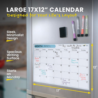 Magnetic Weekly Planner for Fridge - 17x12” Stain-Resistant Dry Erase Whiteboard Fridge Calendar with Large Writing Space for Schedules, Chores & Meals - Includes 4 Markers & Eraser