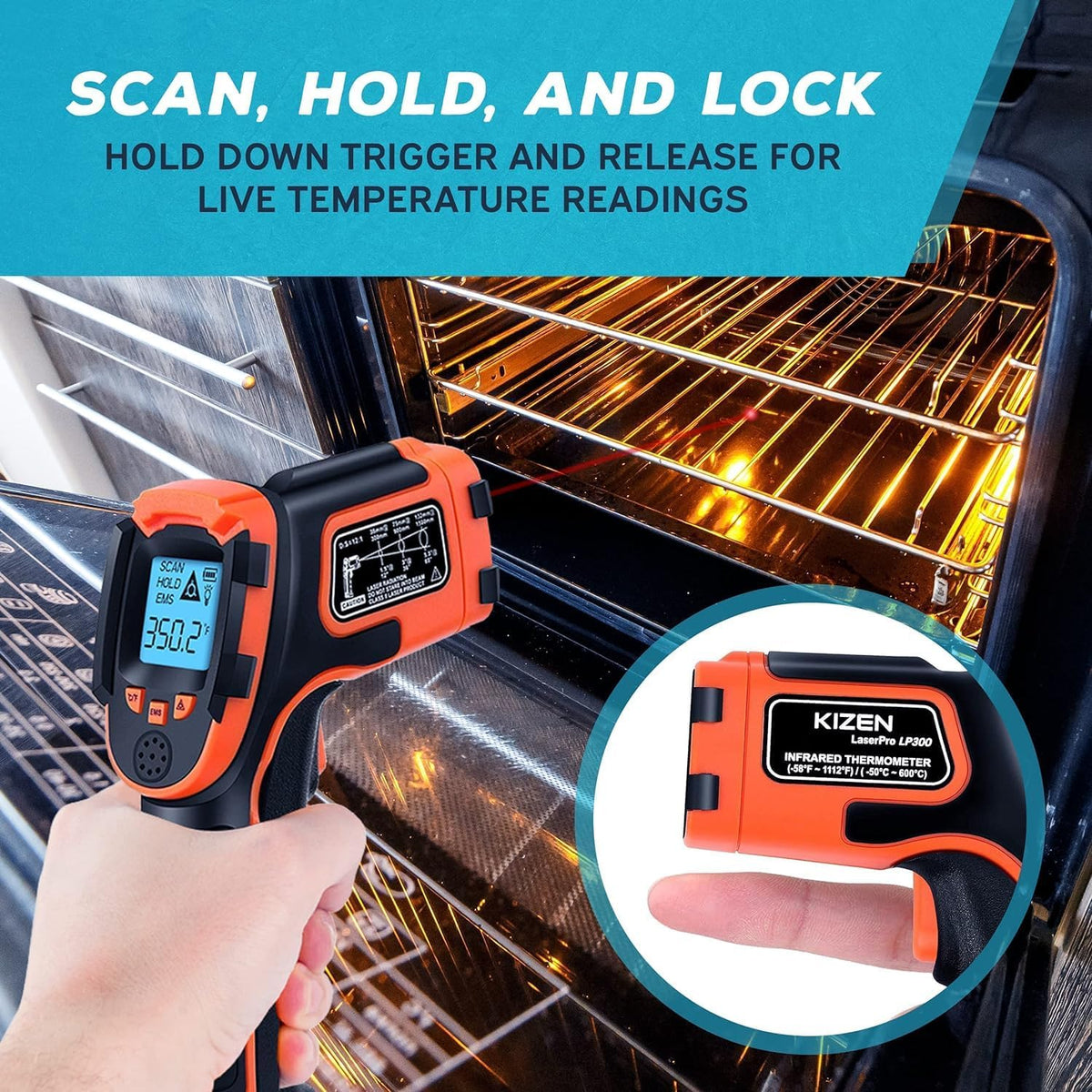 Kizen Infrared Temperature Gun - Handheld Surface Infrared Thermometer for Griddle, Grill, Pizza Oven, Candy, & A/C - Laser Thermometer Gun -58F to 1112F - Surface Temp Gun