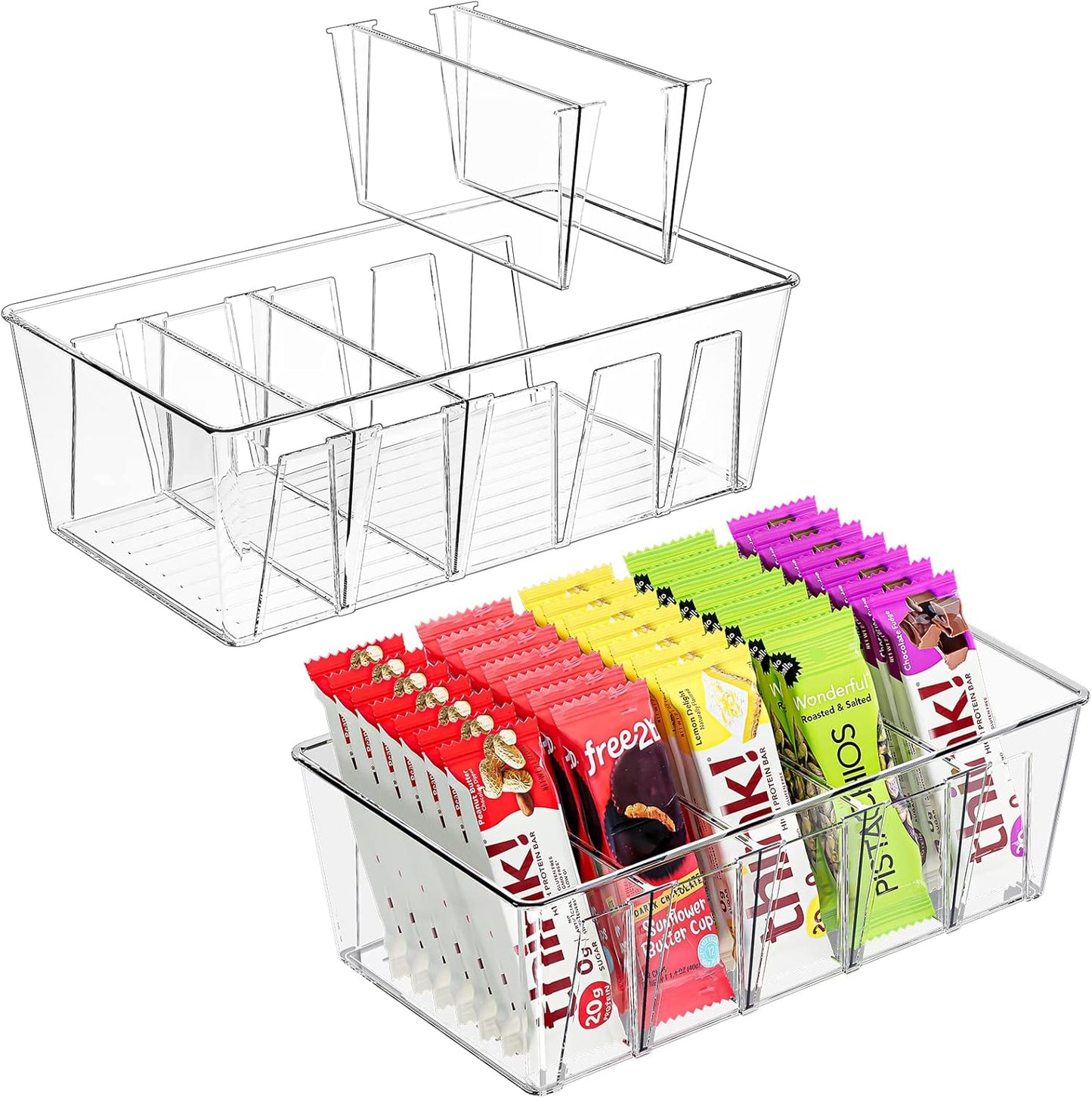 Puricon 4 Pack Pantry Organization and Storage Bins for Kitchen Fridge Countertop Cabinet, Stackable Clear Plastic Storage Racks with Removable Dividers, 5 Compartments for Snacks Packets Spices