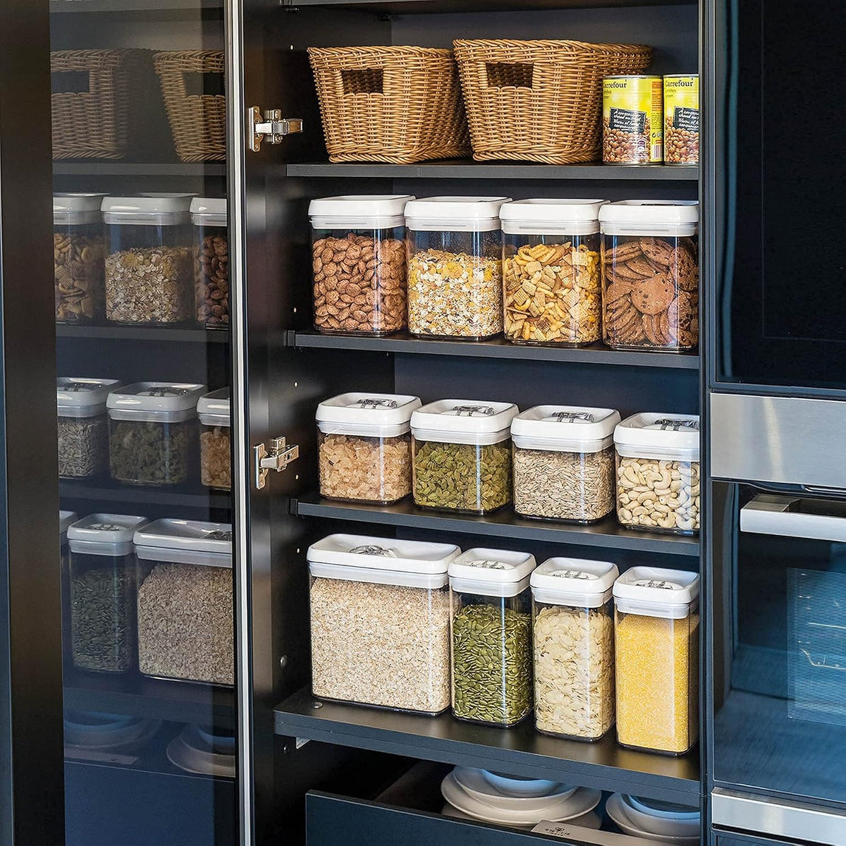 Felli Flip Tite Storage Container with Lid 4” RECTANGULAR Airtight Ring Flip Top, Stackable Kitchen Counter Pantry Organizer Acrylic Canister Jar for Pasta Spaghetti Cereal Granola Coffee (1.9qt)