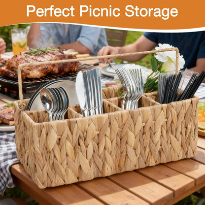 Wicker Silverware Organizer Basket,Hand Woven Kitchen Utensil Holder with Handles,Flatware Storage Caddy for Countertop Dining Picnic Party Table,Natural Cutlery Caddy for Plates,Napkins&Utensils