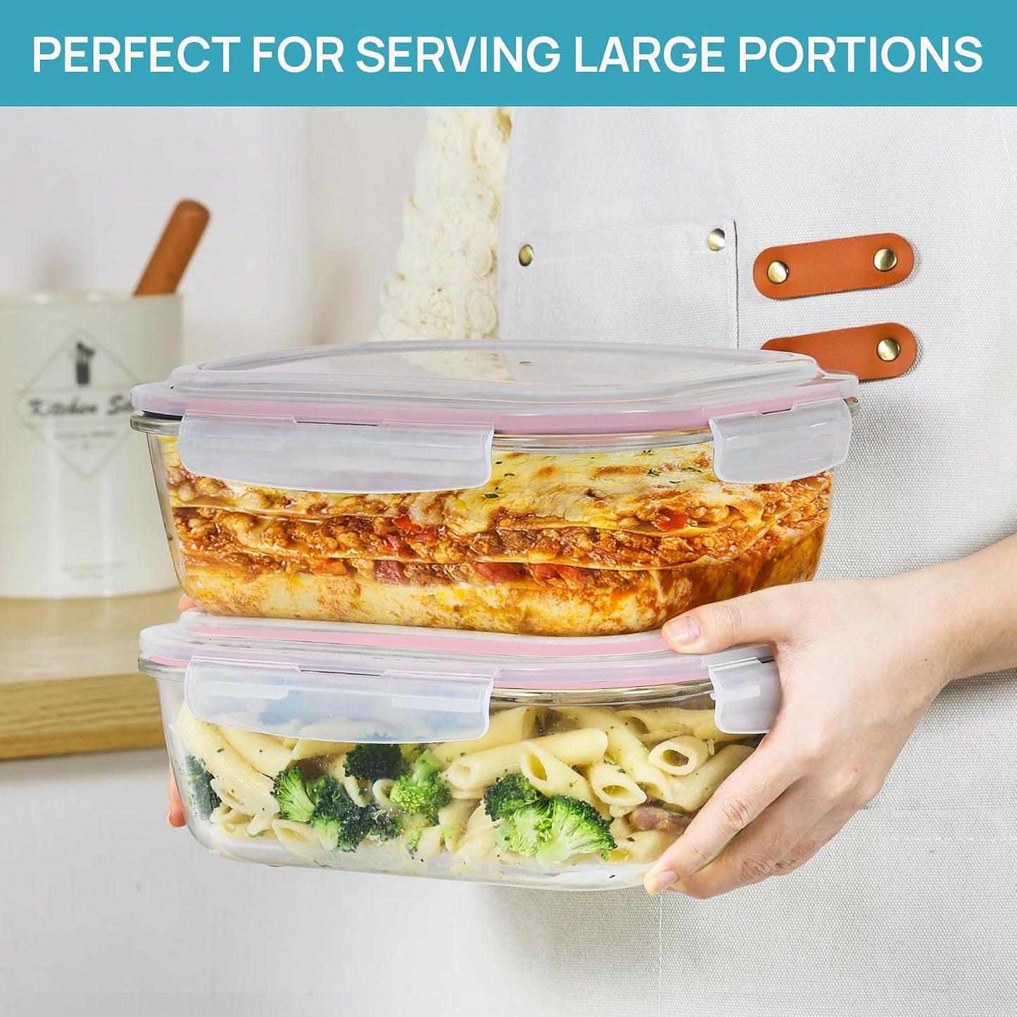 Vtopmart 2Pack 1860ml/63oz Large Glass Storage Containers with Lids, Meal Prep Food Container Set with Snap Airtight Lid for Baking, Microwave, Oven, Leak Proof, for Freezer, Dishwasher, Grey