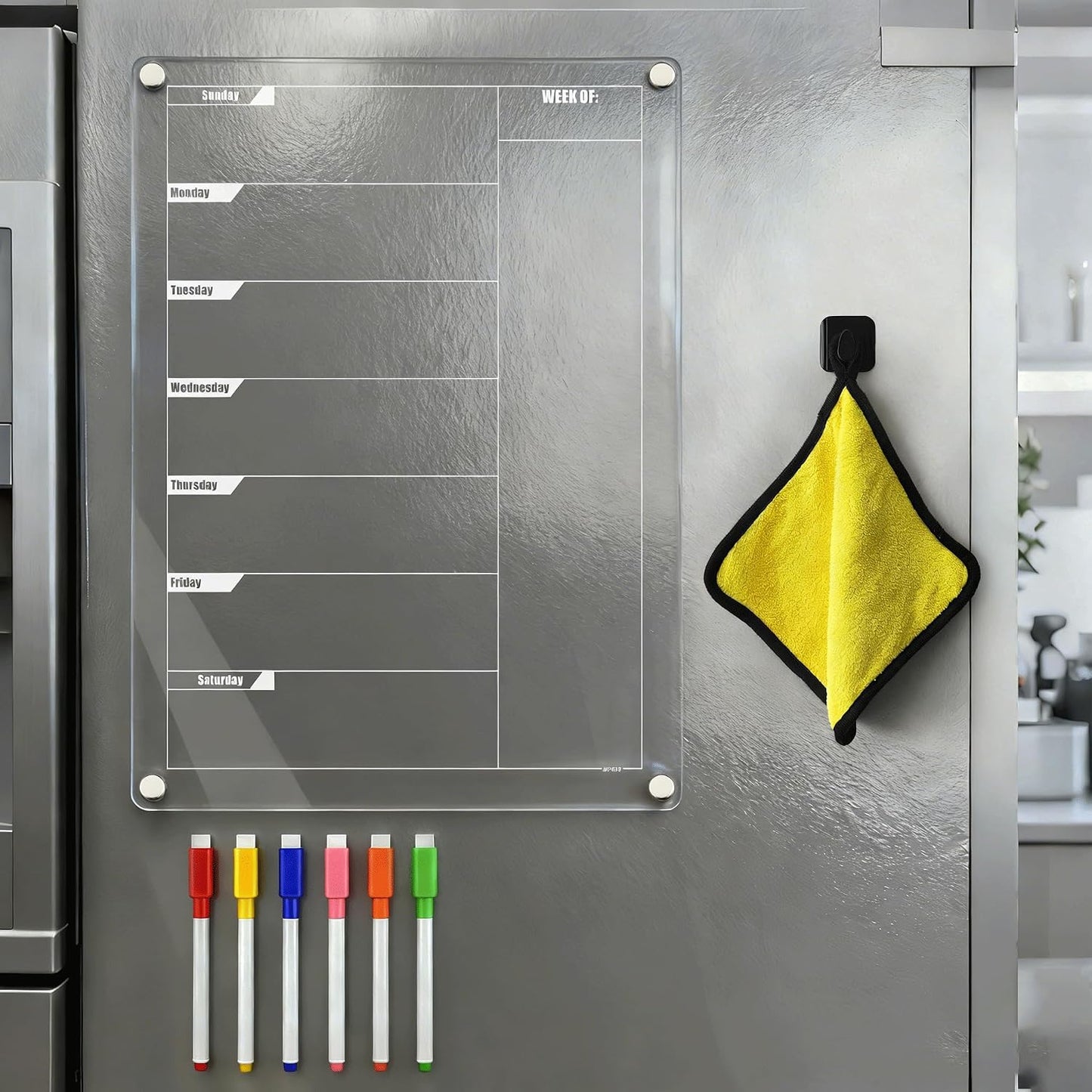 Acrylic Magnetic Dry Erase Calendar for Fridge Clear Vertical Monthly Whiteboard Planner Erasable Planning Board White 16" x 12" w/ 6 Color Wet Erase Marker