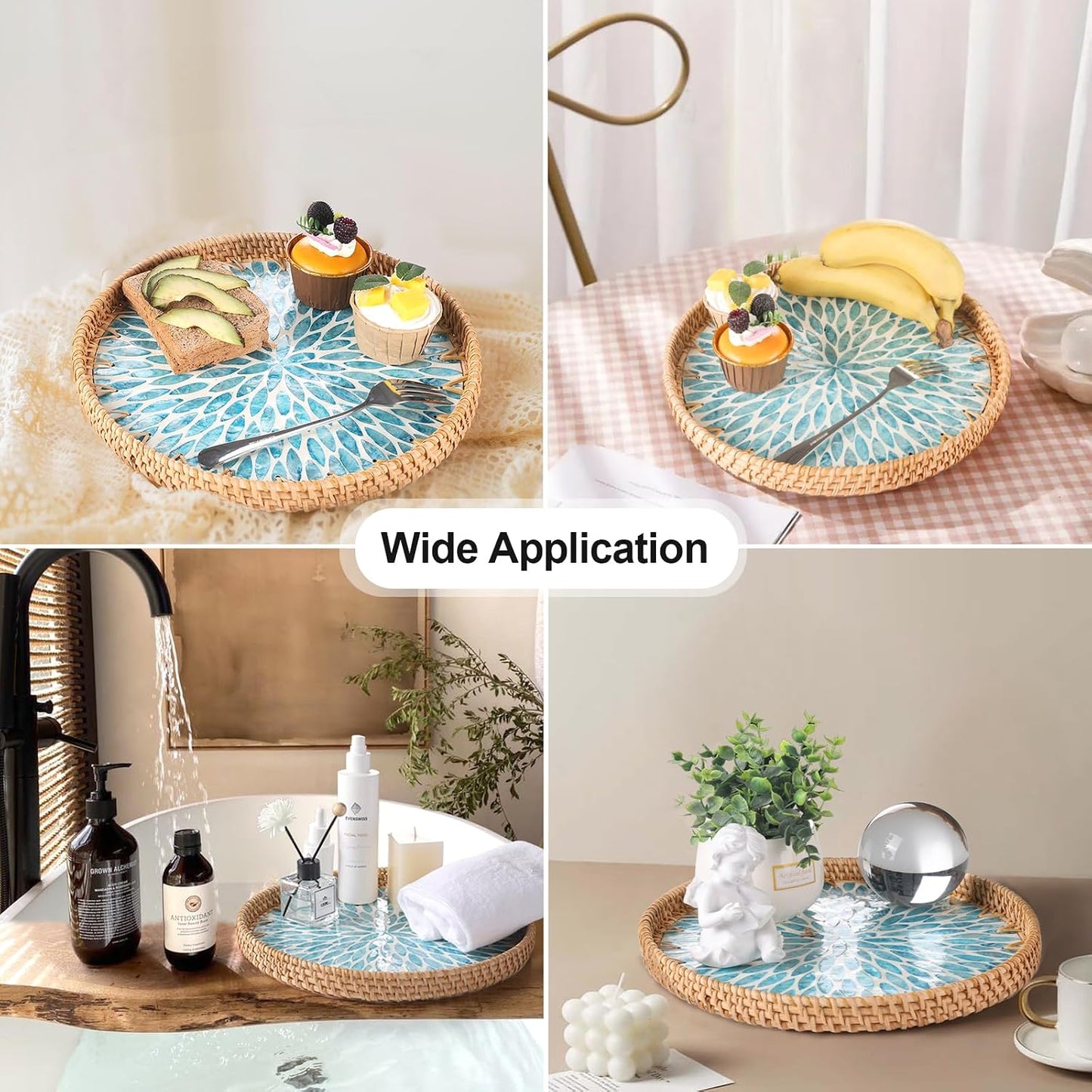 Round Rattan Tray with Mother of Pearl Inlay, Rattan Serving Tray for Coffee, Bread, Fruits, Decorative Wicker Tray for Table Decor, Home Decor, Kitchen Island Decor(Black Checkerboard, 11.8")