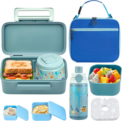 PIQUEBAR Bento Lunch Box for Kids with Thermo Ice Pack Lunch Food Container Insulated Bag, 18oz Plastic Sport Water Bottle for Kid Girls Boys