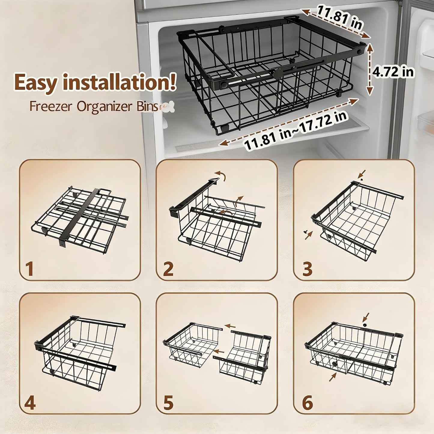 Freezer Organizer Bins 6 Pack: Wire Basket Stackable Storage Containers Expandable 11.81" to 17.72" with Foldable Handles for 5+ Cu.FT Fridge Cabinet Shelves Pantry Kitchen White