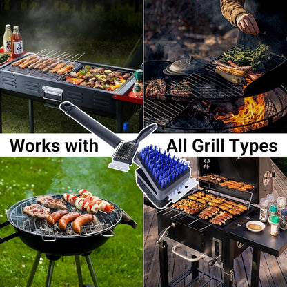 Nylon Grill Brush Cleaning Kit, No Wire Bristle BBQ Brush with Scraper, Safe Barbecue Cleaning Kit for Gas Charcoal Grill Grates, Heat Resistant Outdoor Grill Cleaner, Gift for Men Dad 2-Piece Set