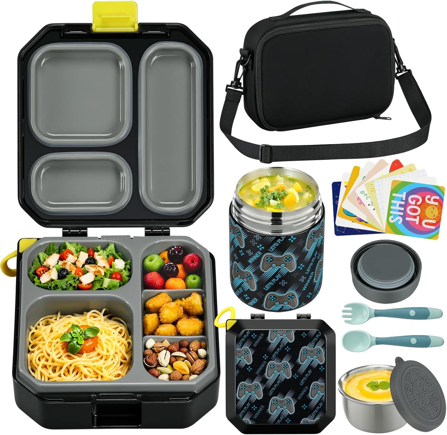 Itslife Bento Lunch Box Set for Kids with 12oz Soup Thermo&Lunch Bag, Leak-Proof Lunch Food Containers for Kids School, 5 Compartment, Sauce Cup, 10 Notes (Dinosaurs Black)