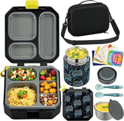 Itslife Bento Lunch Box Set for Kids with 12oz Soup Thermo&Lunch Bag, Leak-Proof Lunch Food Containers for Kids School, 5 Compartment, Sauce Cup, 10 Notes (Dinosaurs Black)