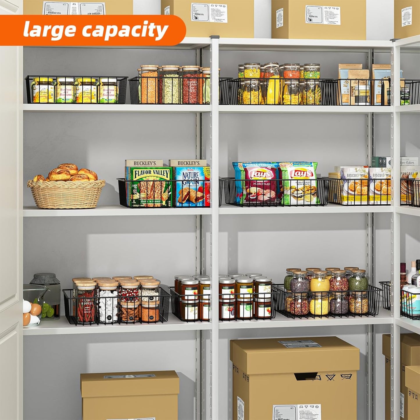 Simple Trending 6 Pack Large Wire Baskets for Organization, Metal Pantry Storage Baskets for Cabinet, Kitchen, Garage, Bathroom, Black