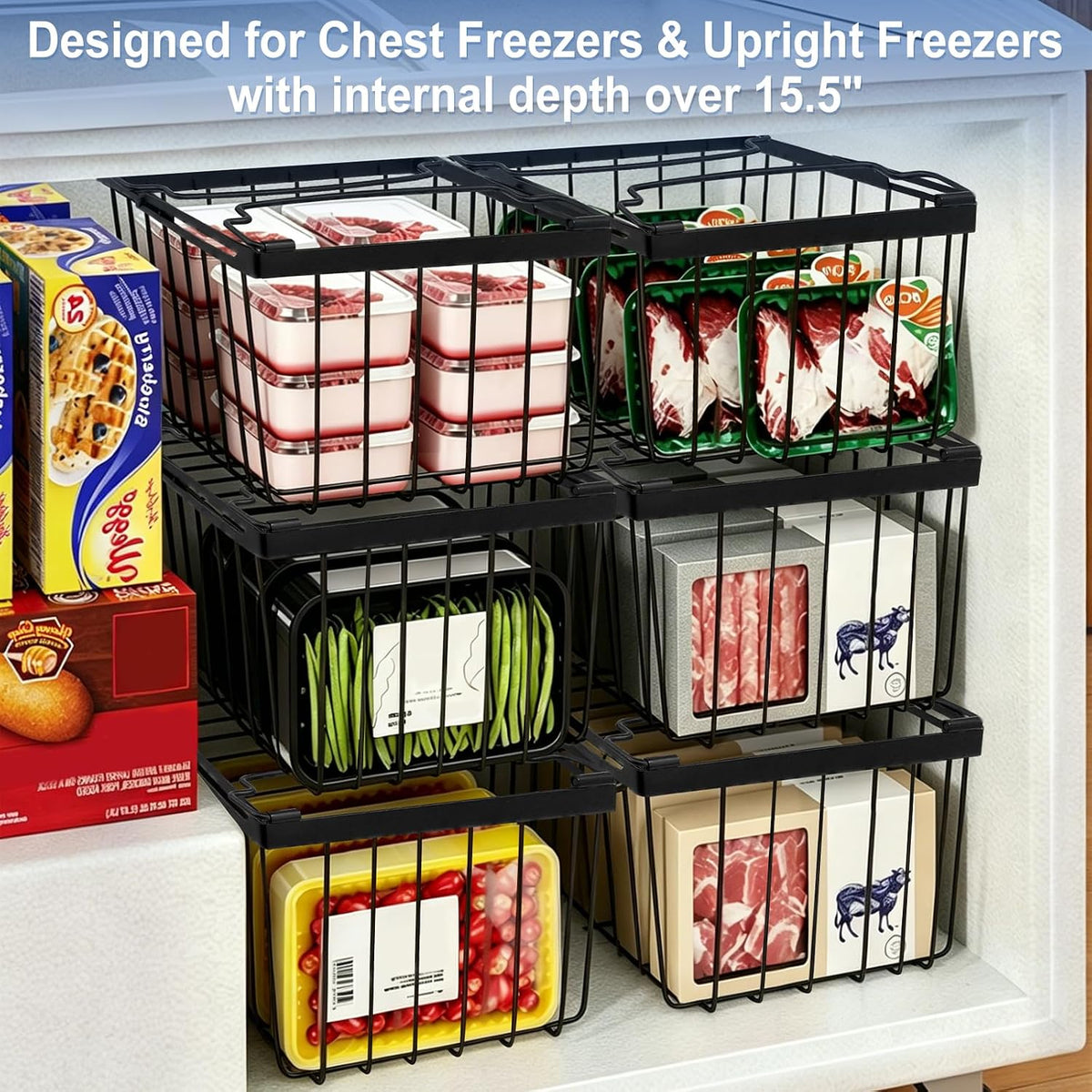 3Pack Freezer Organizer Bins, Stackable Chest Deep Freezer Storage Containers, Expandable Freezer Baskets with Handle fit 5cu.Ft 7cu.Ft Freezer, Fridge, Pantry (Black-3Pack)
