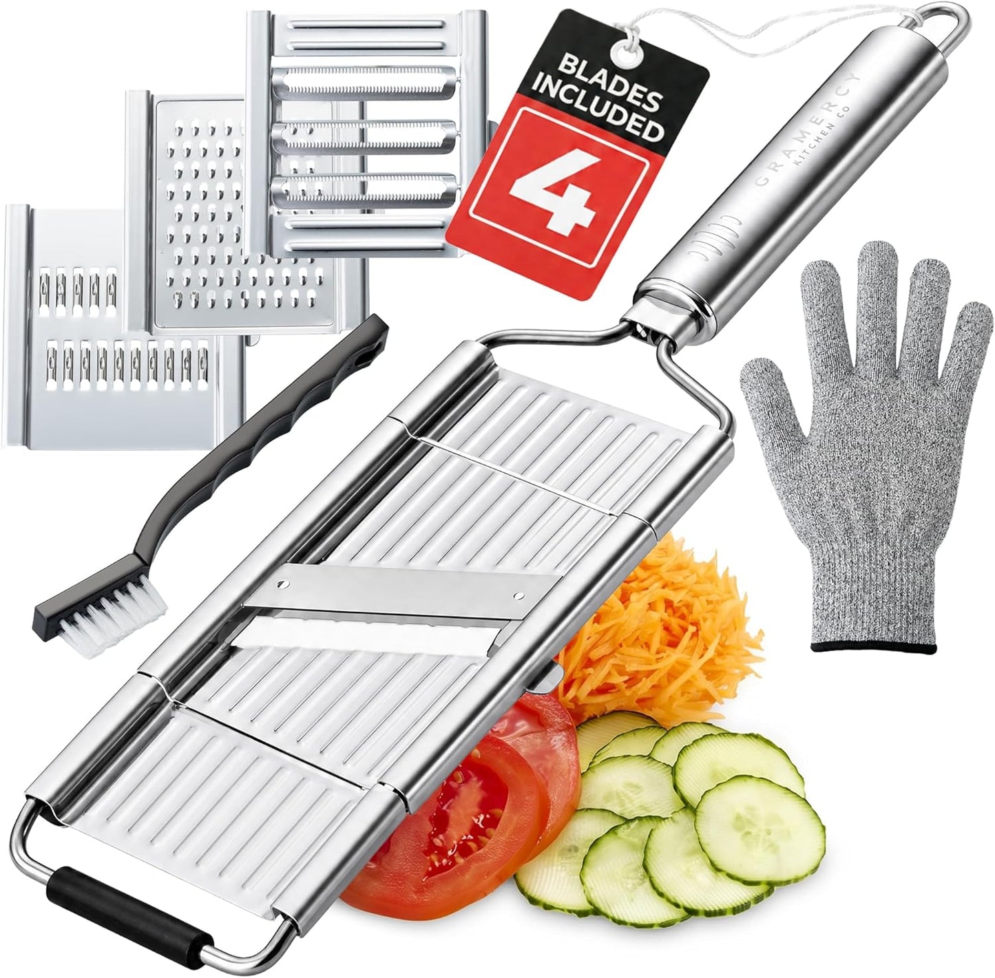 Gramercy Handheld Mandoline Slicer for Kitchen - Stainless Steel Veggie & Fruit Slicer with 4 Blades - Slicer, Julienne & Grater; Cut Resistant Safety Glove & Cleaning Brush Included; Dishwasher Safe