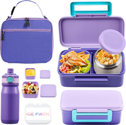 JXXM Bento Lunch Box for Kids With 8oz Thermo, Leakproof Bento Box with with 2 Compartments, Insulated Bottle, Lunch Bag, BPA Free Dishwasher Safe for School Girls Boys (Pink)