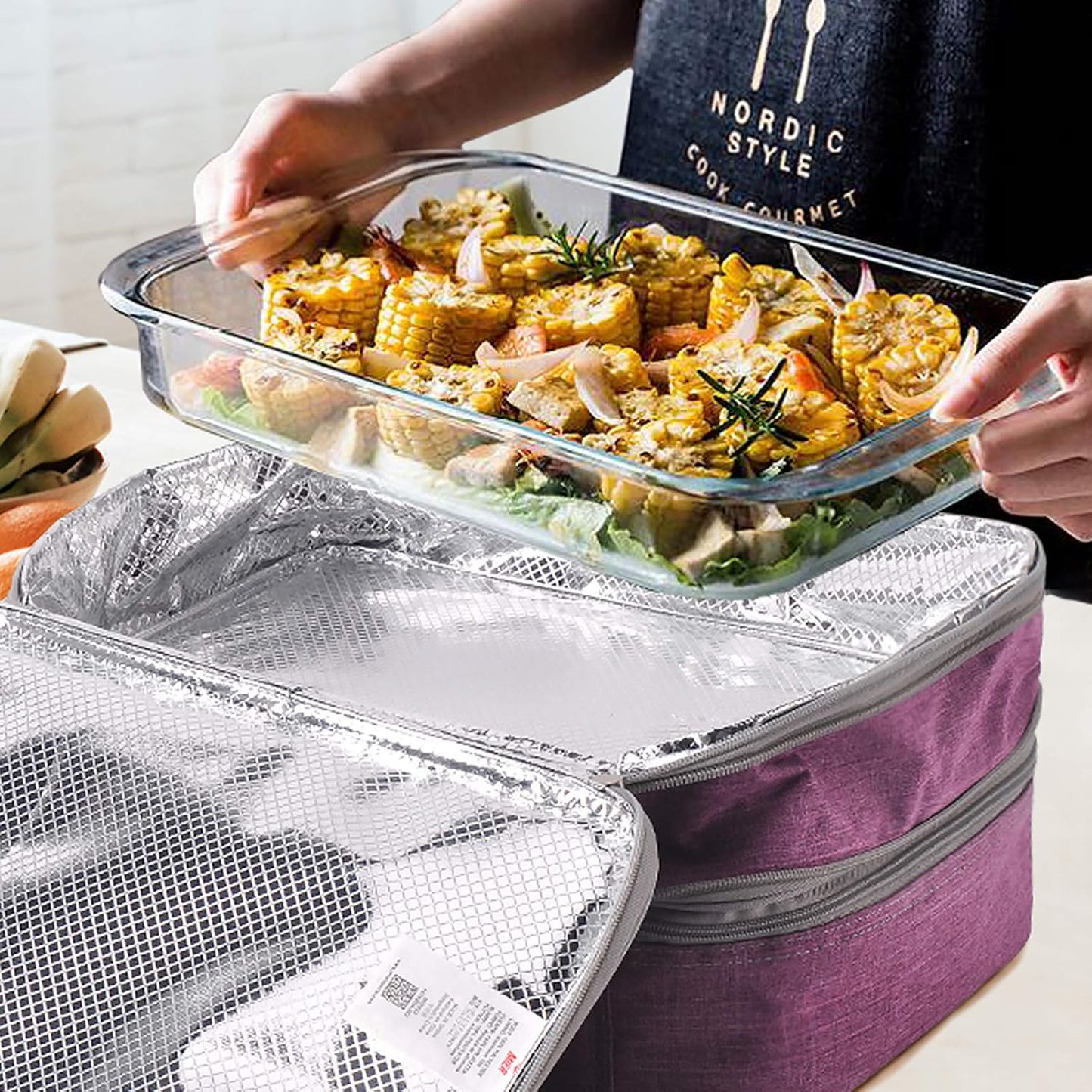 MIER Insulated Double Casserole Carrier Bag for Lasagna Lugger, Potluck Parties, Picnic, Beach, Fits 9 x 13 Inches Baking Dish, Casserole Dish, Expandable, Dark Blue