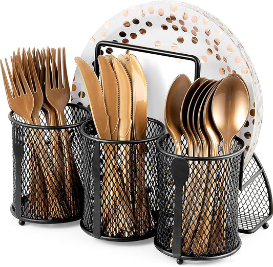 DTICON Utensil Organizer Silverware Caddy - Utensil Holder for Party Metal Cutlery Organizer Silverware Storage for Picnic Camping Buffet Kitchen Table (Black)