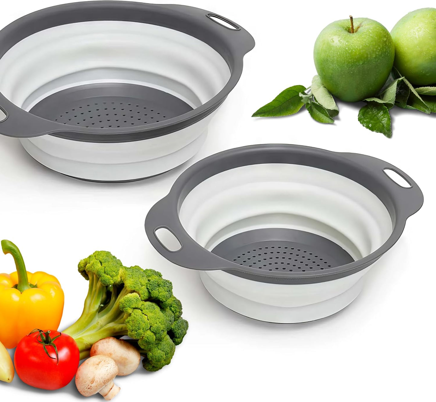 3PCS Green Foldable Kitchen Strainer Set – Silicone Colander Collapsible Strainers and Colanders Green Collander for Kitchen Collapsible Compact Drain Tools for Cooking Prep