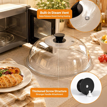 11.5in Tall Glass Microwave Splatter Cover for Food – Heat Resistant Plate Splatter Guard Lid with Vent Hole & Easy-to-Grip Handle – No Plastic, Dishwasher Safe – Borosilicate Glass