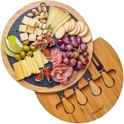 Bamboo Cheese Board and Knife Set – 14 inch Round Charcuterie Board, Serving Tray, Platter, Wood Cheeseboard Set with Slide-Out Drawer – BlauKe®