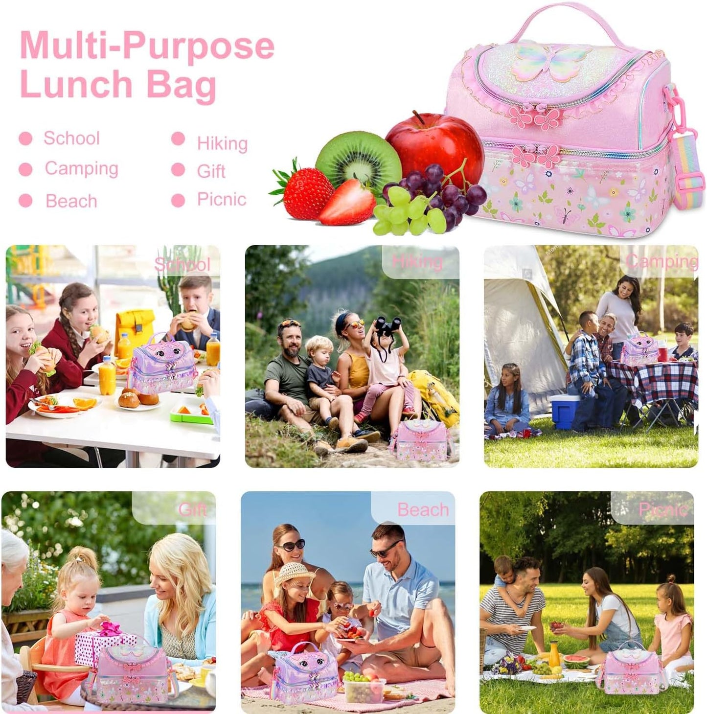 RHCPFOVR Kids Lunch Bag - Double - Decker Cooler Insulated Lunch Box for Boys Girls,Washable Lunch Bag with Strap and Reusable Toddler Lunchbox for School and Daycare