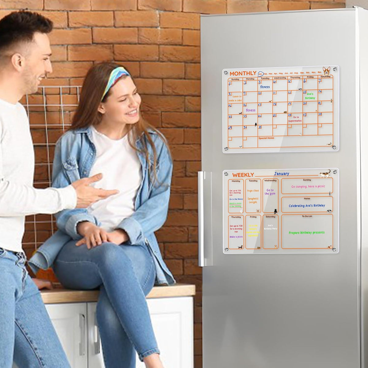 Magnetic Acrylic Clear Fridge Calendar Planner Note Board Set for Fridge,8Colors Markers,Erase Towel (Clear, Monthly & Weekly)