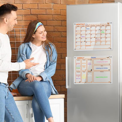 Magnetic Acrylic Clear Fridge Calendar Planner Note Board Set for Fridge,8Colors Markers,Erase Towel (Clear, Monthly & Weekly)