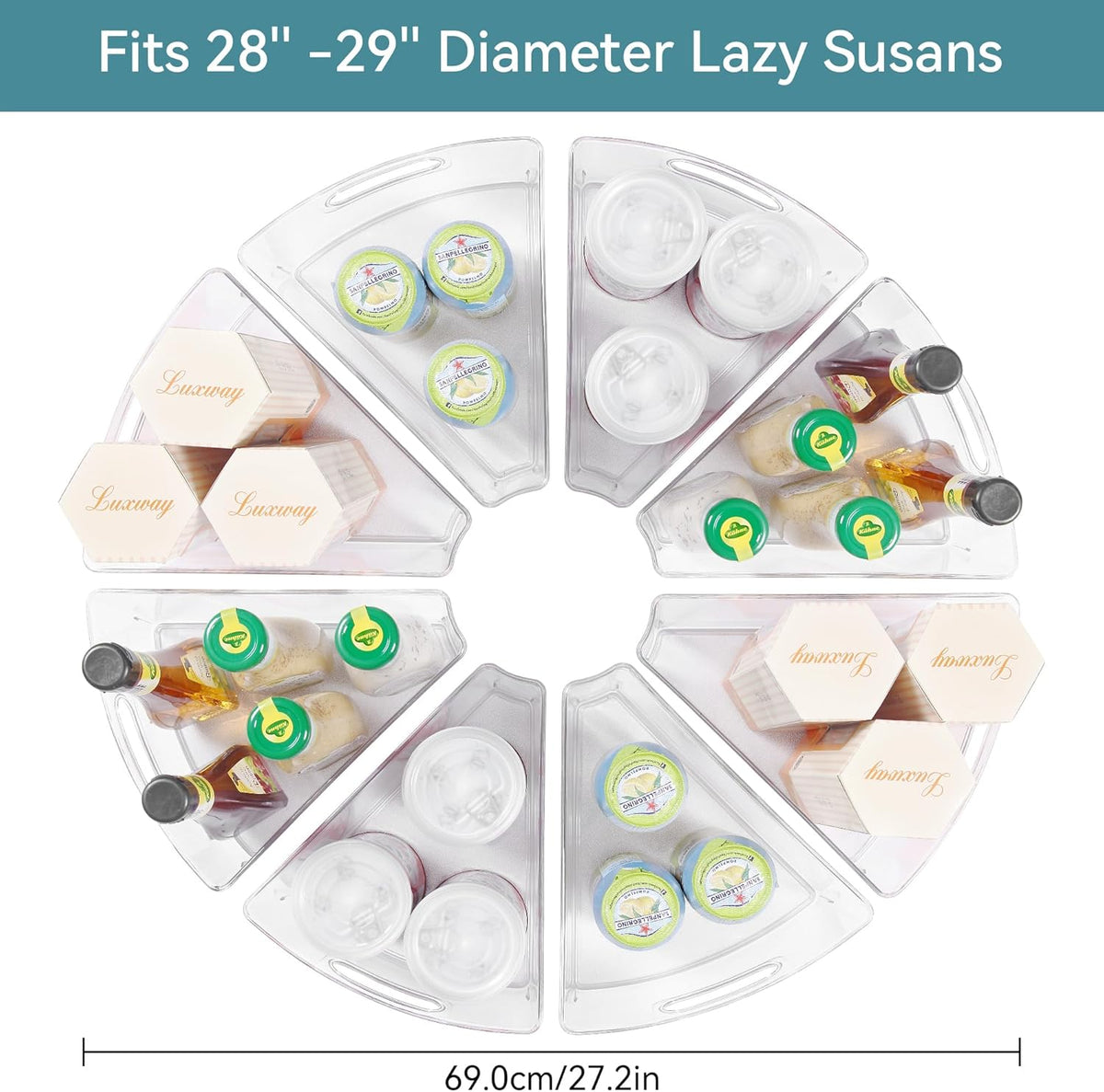 Oubonun Lazy Susan Organizers Set of 6, 11.6’’ x 10.2’’ x 4.1’' Plastic Transparent Kitchen Cabinet Storage Bins with Handle, 4.1" Deep Container, 1/8 Wedge - Food Safe, without BPA